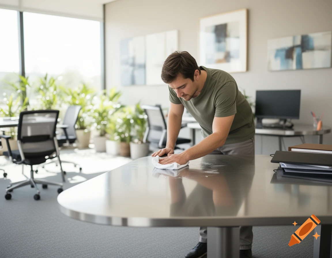 A man in a green t-shirt cleans a large desk in a bright, modern office with plants and large windows.