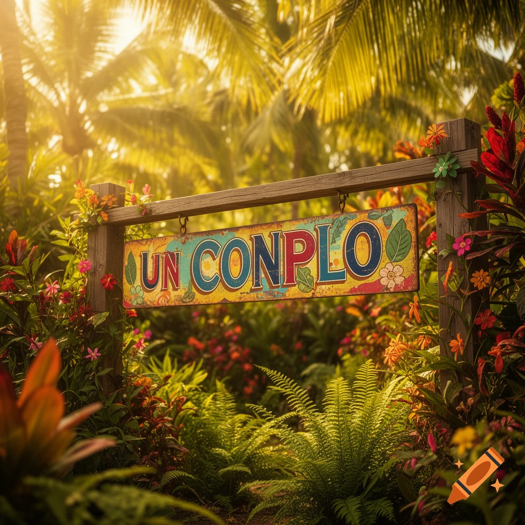A colorful sign reading "UN CONPLO" hangs between two wooden posts, surrounded by lush tropical foliage and palm trees bathed in golden sunlight.