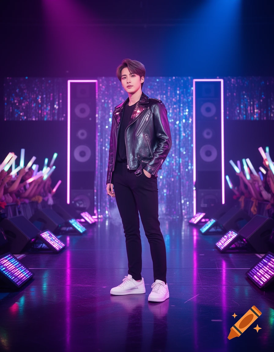 A male idol in a black leather jacket and pants stands on a stage illuminated by pink and blue neon lights, with a sparkling backdrop and a crowd holding light sticks.