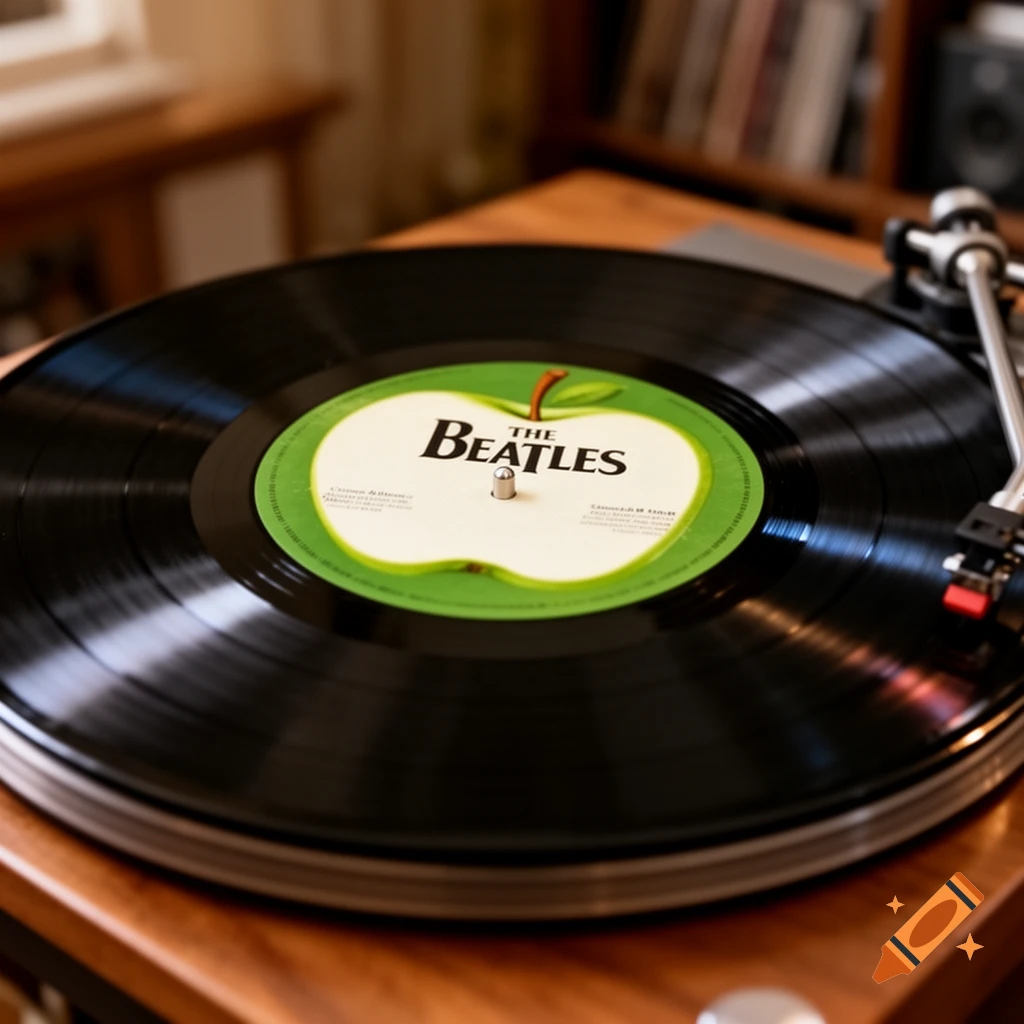 A close-up of a black vinyl record playing on a turntable, with The Beatles' iconic green apple label at its center.