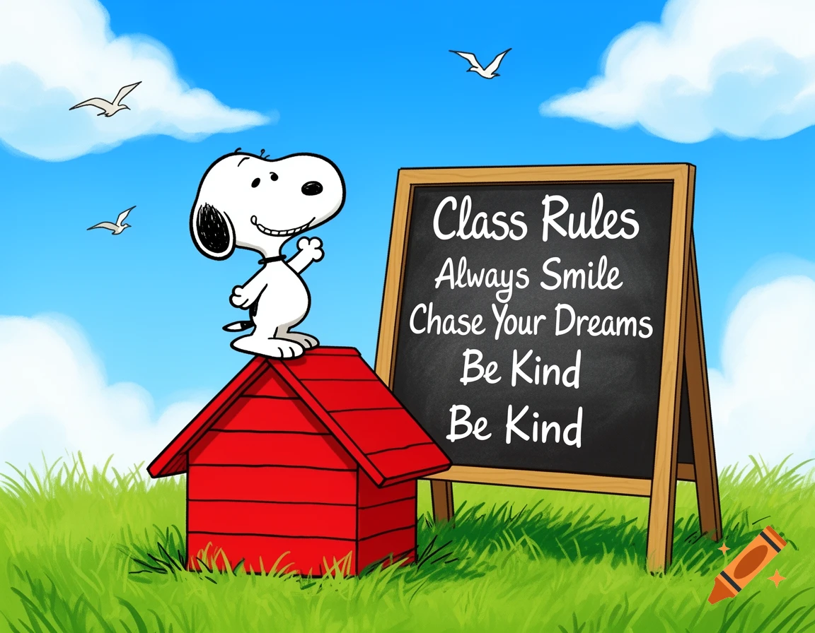 Snoopy stands on his red doghouse next to a blackboard listing 'Class Rules: Always Smile, Chase Your Dreams, Be Kind, Be Kind' in a cartoon style.