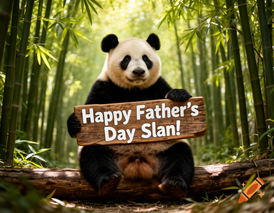 A photorealistic panda sitting on a log in a bamboo forest holds a wooden sign that says 'Happy Father's Day Slan!'.