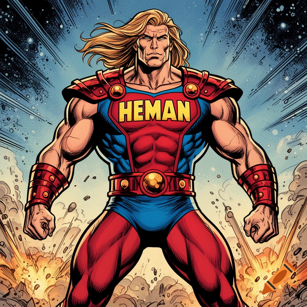 He-Man, a muscular blonde superhero, stands powerfully with fists clenched in a comic book style against an explosive background.