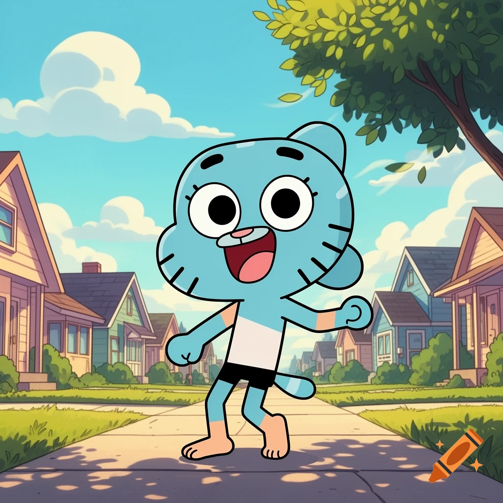 Gumball Watterson, a barefoot blue cat character, walks on a sidewalk in a cartoon suburban neighborhood.