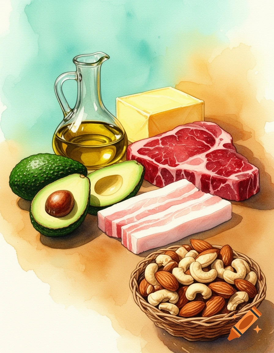 Watercolor still life of avocados, olive oil in a pitcher, butter, raw steak, bacon slices, and a basket of nuts.