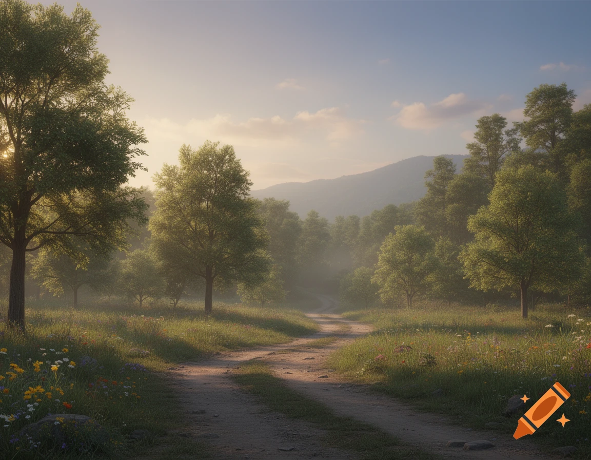 A sunlit dirt path winds through a misty meadow and forest with trees and wildflowers under a clear sky.