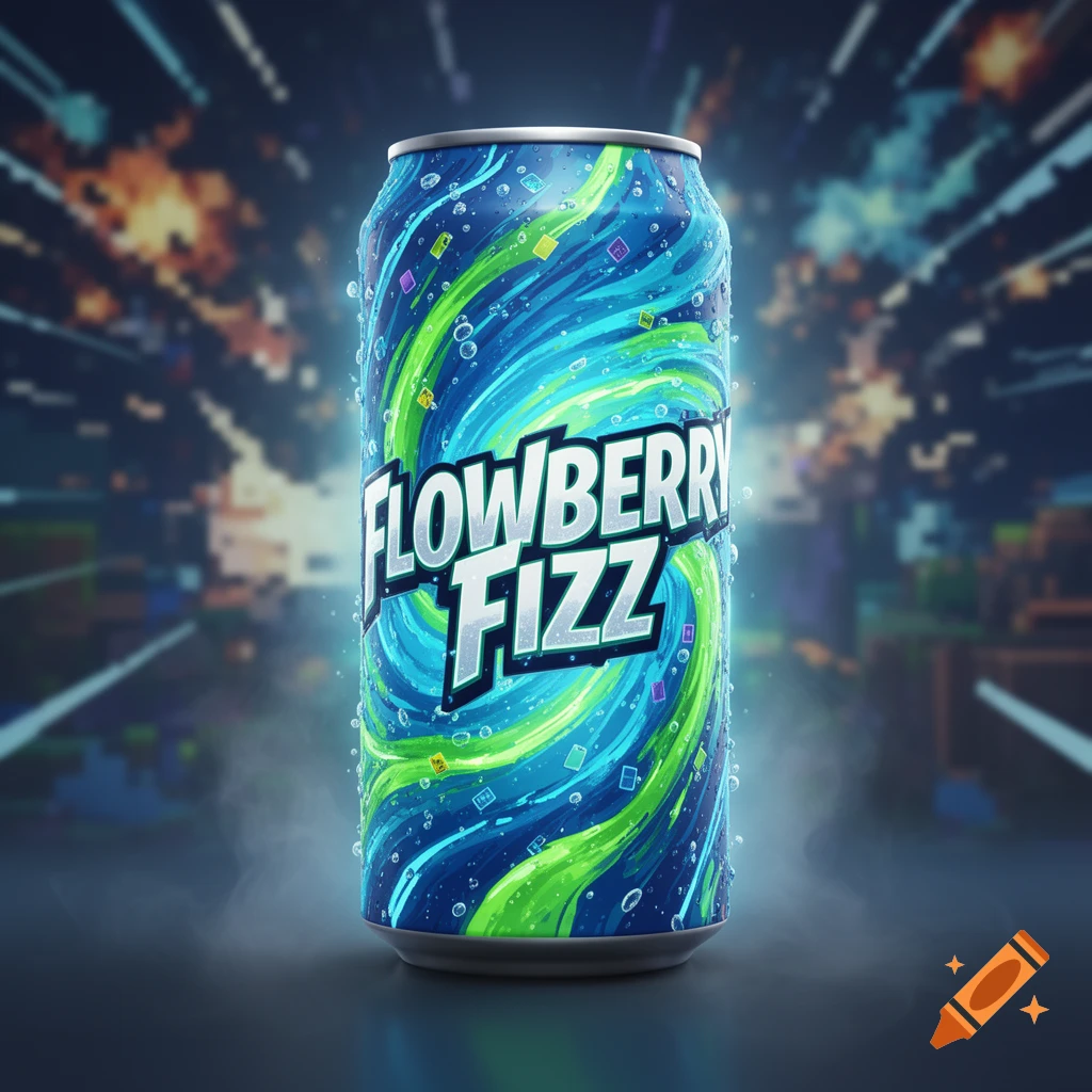 A cold soda can labeled 'FLOWBERRY FIZZ' with blue and green swirling patterns and water droplets against a blurred, vibrant background.