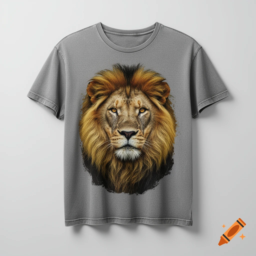 A grey t-shirt featuring a detailed, realistic print of a lion's head looking directly forward.