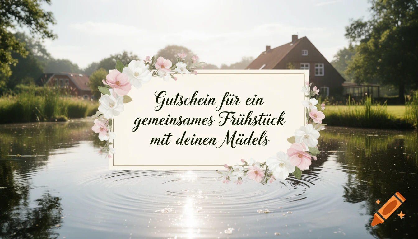 Floral gift voucher for a shared breakfast, floating on a pond with a blurred rural background and house.