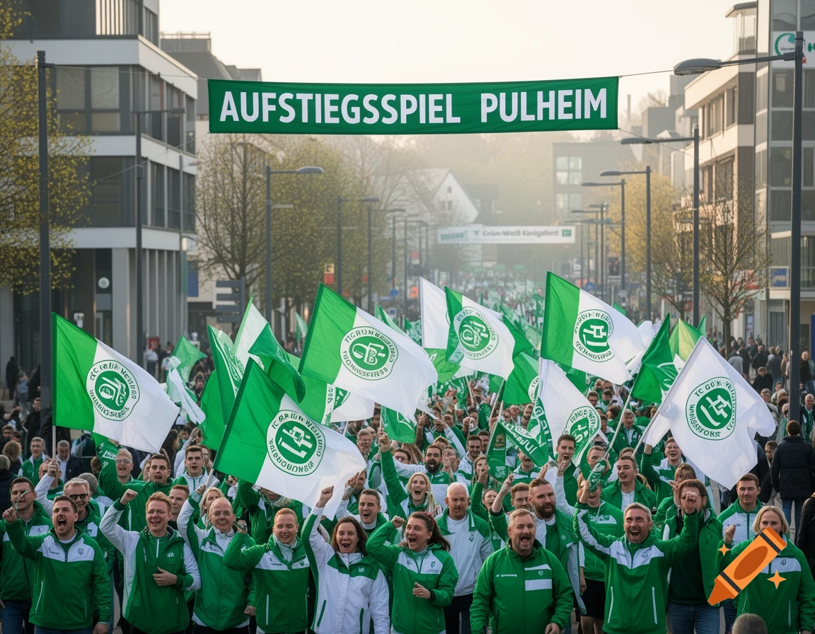 A large crowd of enthusiastic sports fans in green and white cheer and wave flags on a street, with a banner overhead reading 'AUFSTIEGSSPIEL PULHEIM'.