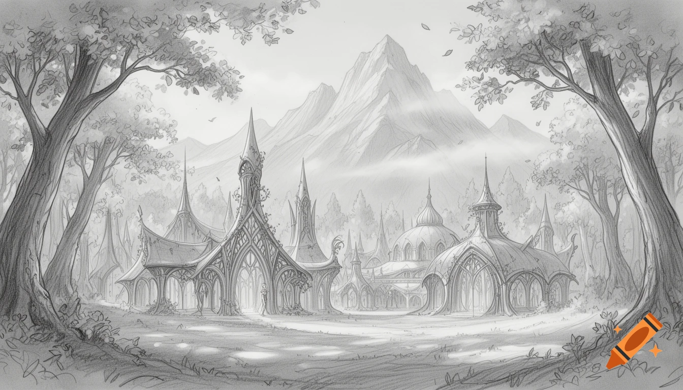 A detailed grayscale sketch of an elven town with intricate architecture in a valley, framed by trees, with mountains in the background.