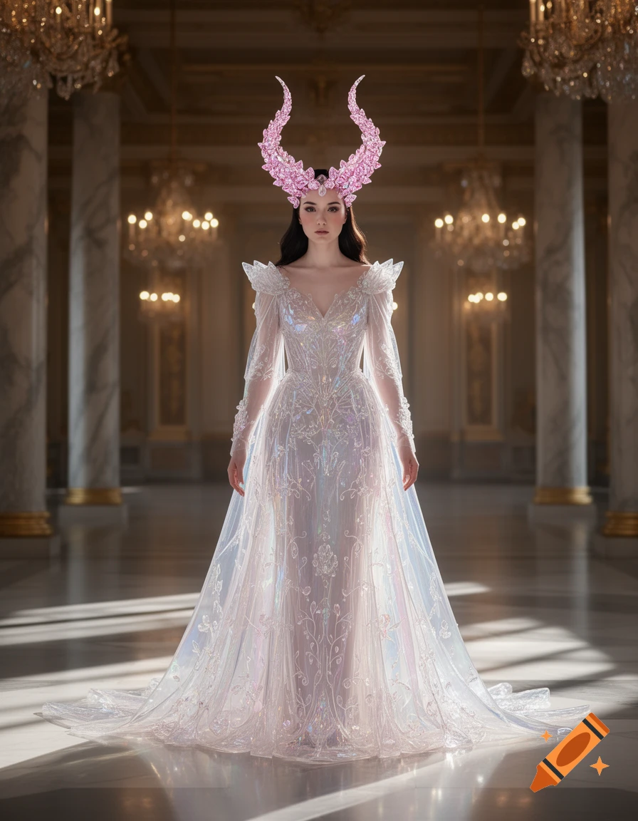 An empress with long dark hair wears a shimmering white crystal dress and elaborate pink diamond horns, standing in a grand hall.