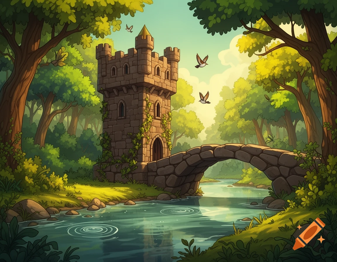 Cartoon medieval watchtower next to a river with a stone bridge, surrounded by a vibrant green forest.