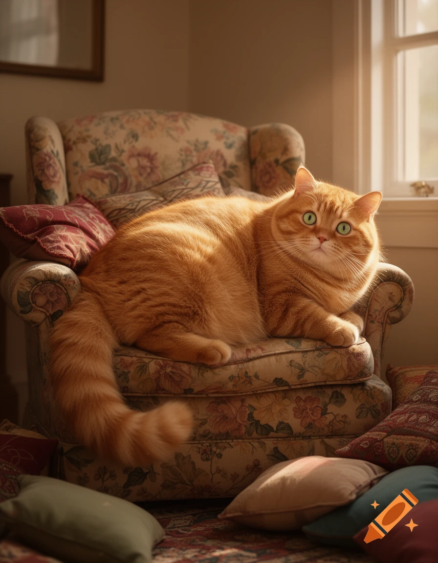 A fluffy orange cat with green eyes lies on a floral armchair in a sunlit room, surrounded by pillows.