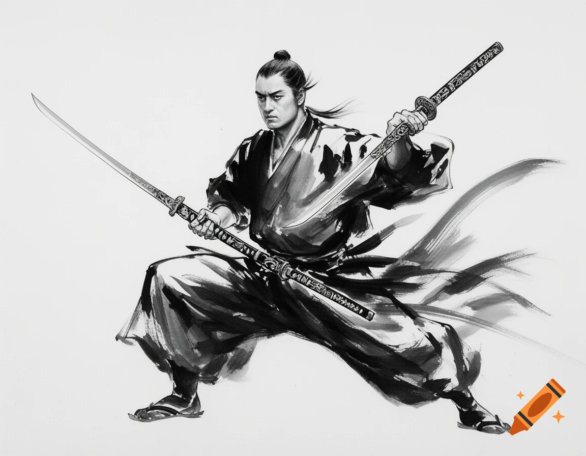 Sumi-e ink wash painting of a Japanese warrior in a dynamic stance, wielding two katanas.
