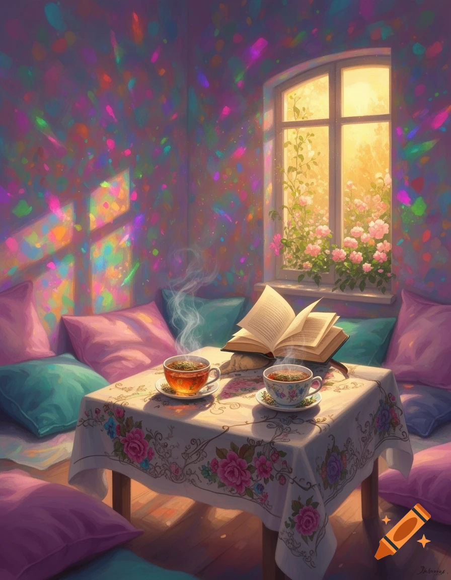 A colorful, cozy room with two steaming cups of tea, an open book on a floral table, and sunlight from a window with pink roses.