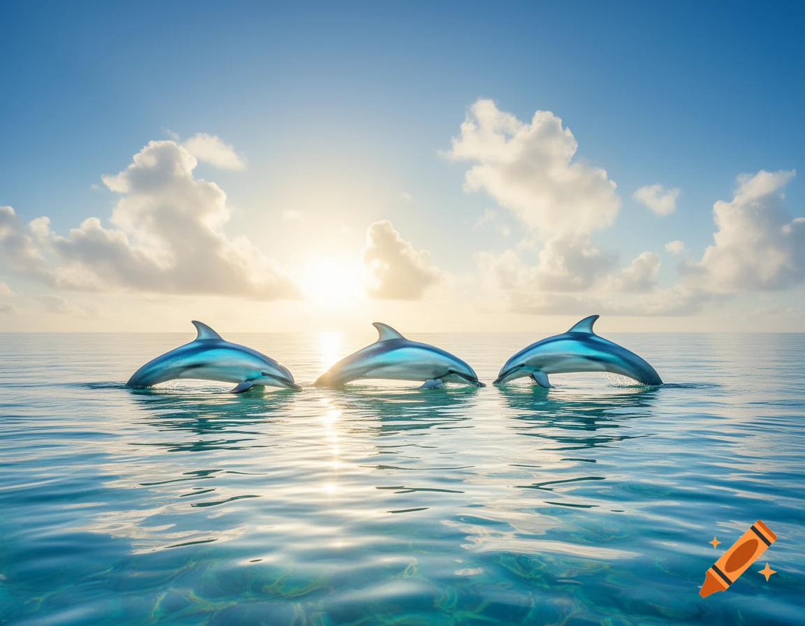 Three dolphins breach the clear blue ocean water at sunrise, with a bright sun on the horizon and scattered clouds.