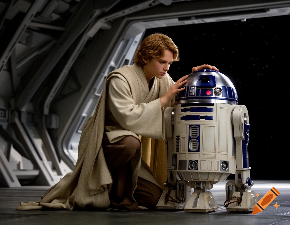 Young Anakin Skywalker kneels, gently touching R2-D2's head inside a detailed spaceship hangar.