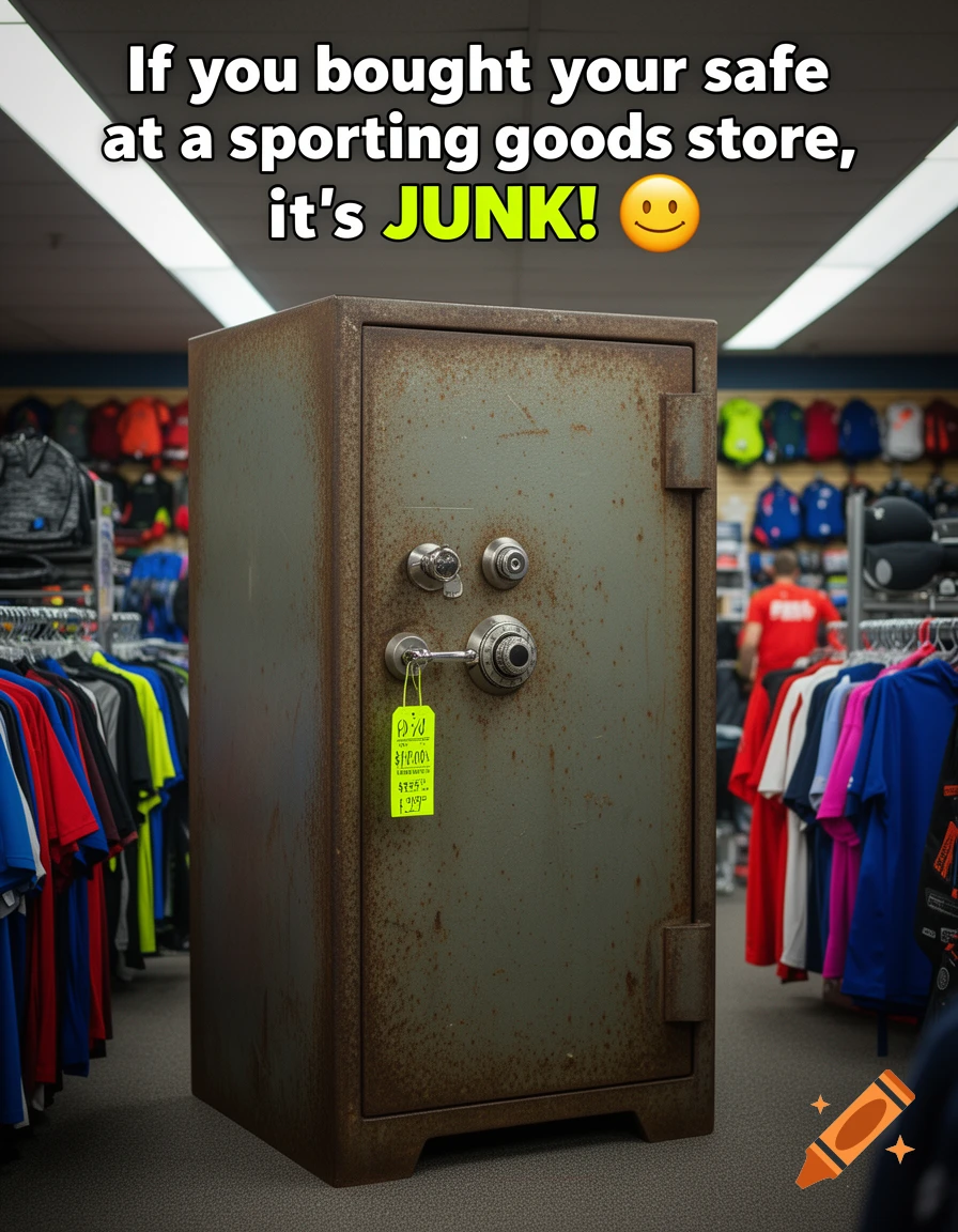 A rusty safe stands in the aisle of a sporting goods store, with a yellow price tag on it. A caption reads, "If you bought your safe at a sporting goods store, it's JUNK! 🙂"