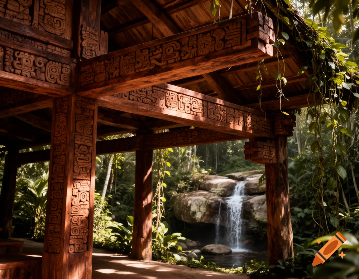 Photorealistic Mayan-style wooden structure with intricate carvings in a lush jungle, overlooking a waterfall.