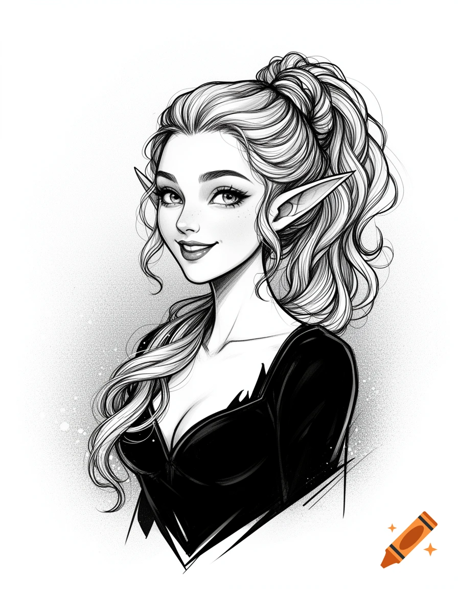 Black and white line art drawing of a smiling elf woman with long wavy hair in a high ponytail and pointed ears, wearing a black top.