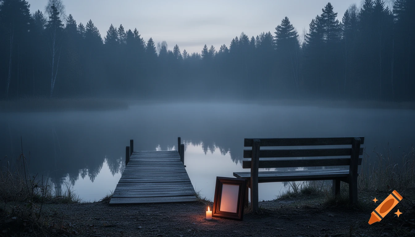 A moody, misty forest lake at dusk with a wooden pier, an empty bench, a picture frame, and a lit candle on the shore.