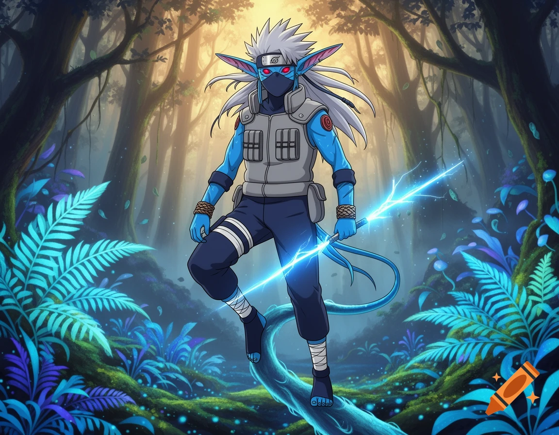A blue-skinned Na'vi-Kakashi character with white spiky hair and a mask, holding a glowing blue lightning spear, stands on a root in a lush, bioluminescent forest.