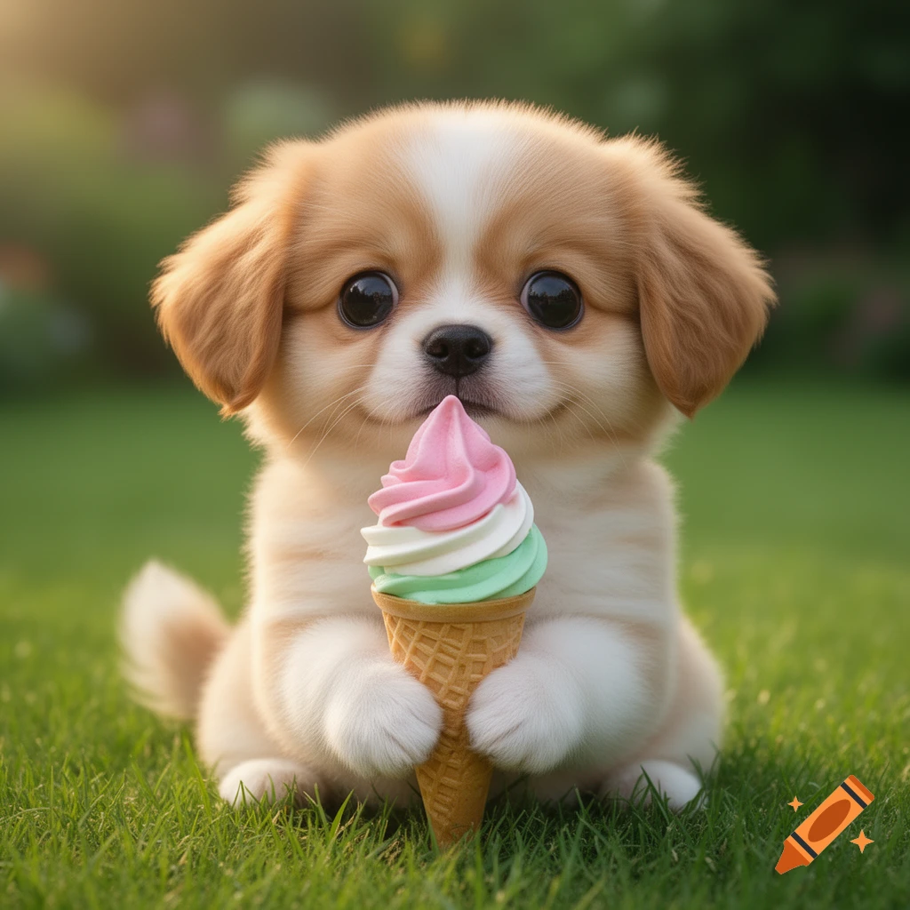 A fluffy kawaii puppy sits on green grass, holding a pink, white, and green swirl ice cream cone with big eyes.