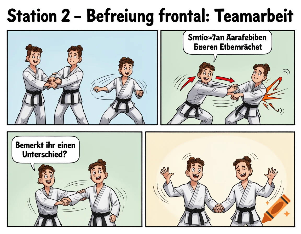 A four-panel comic strip illustrating a martial arts technique where one person frees themselves from another's grip.