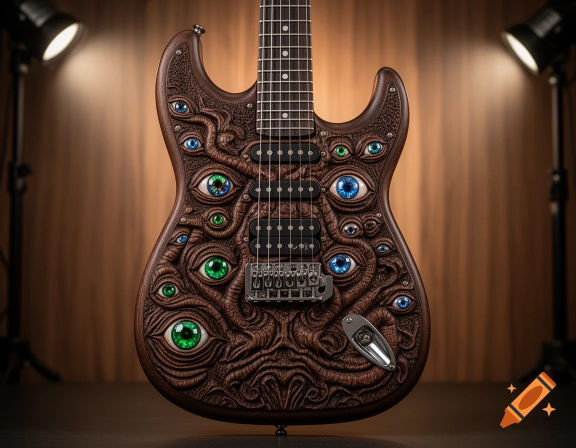 A dark brown wooden electric guitar with an intricate fantasy carving of many green and blue glass eyes across its body, spotlighted.
