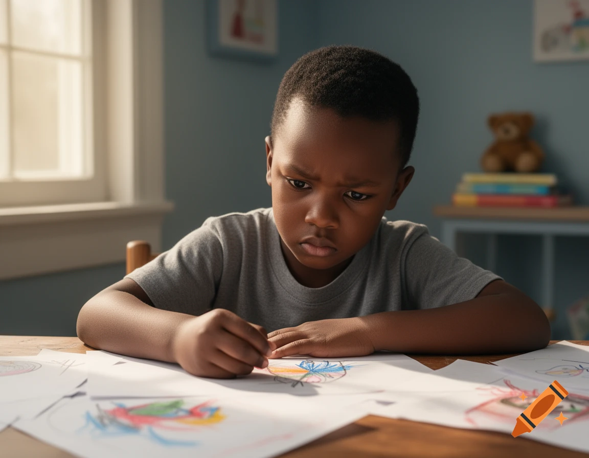 A young black boy with a serious expression draws on paper at a wooden table in a sunlit room.