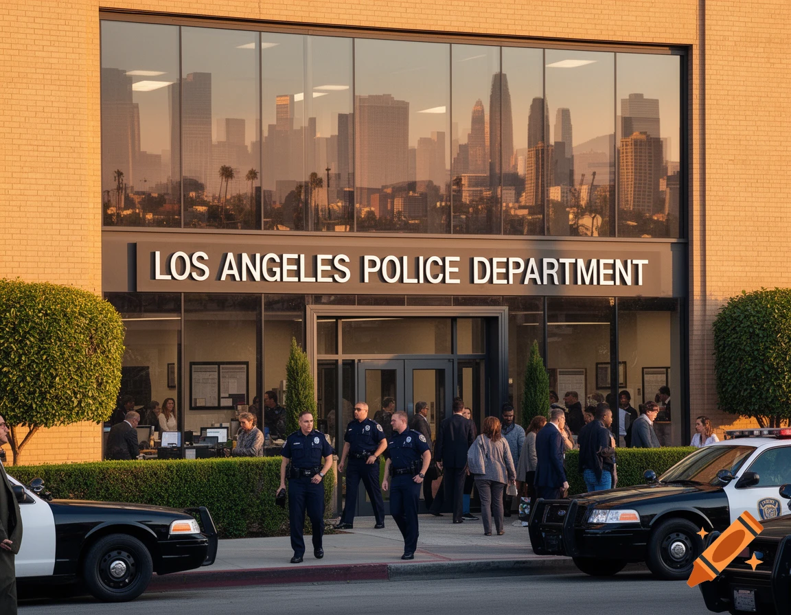 Photorealistic image of the Los Angeles Police Department building with officers, police cars, and a cityscape reflected in its windows.