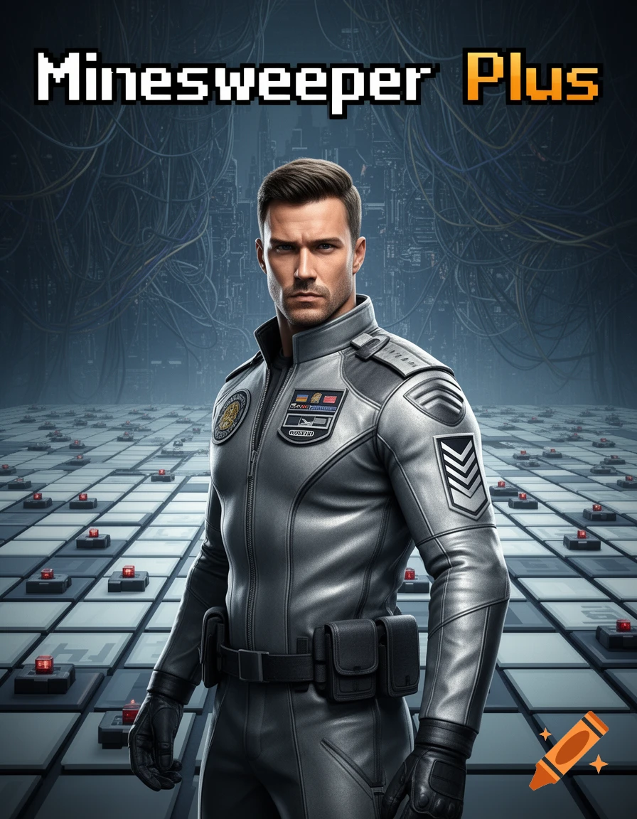 A stern man in a grey futuristic uniform stands on a grid of squares and red buttons, with 'Minesweeper Plus' text above.