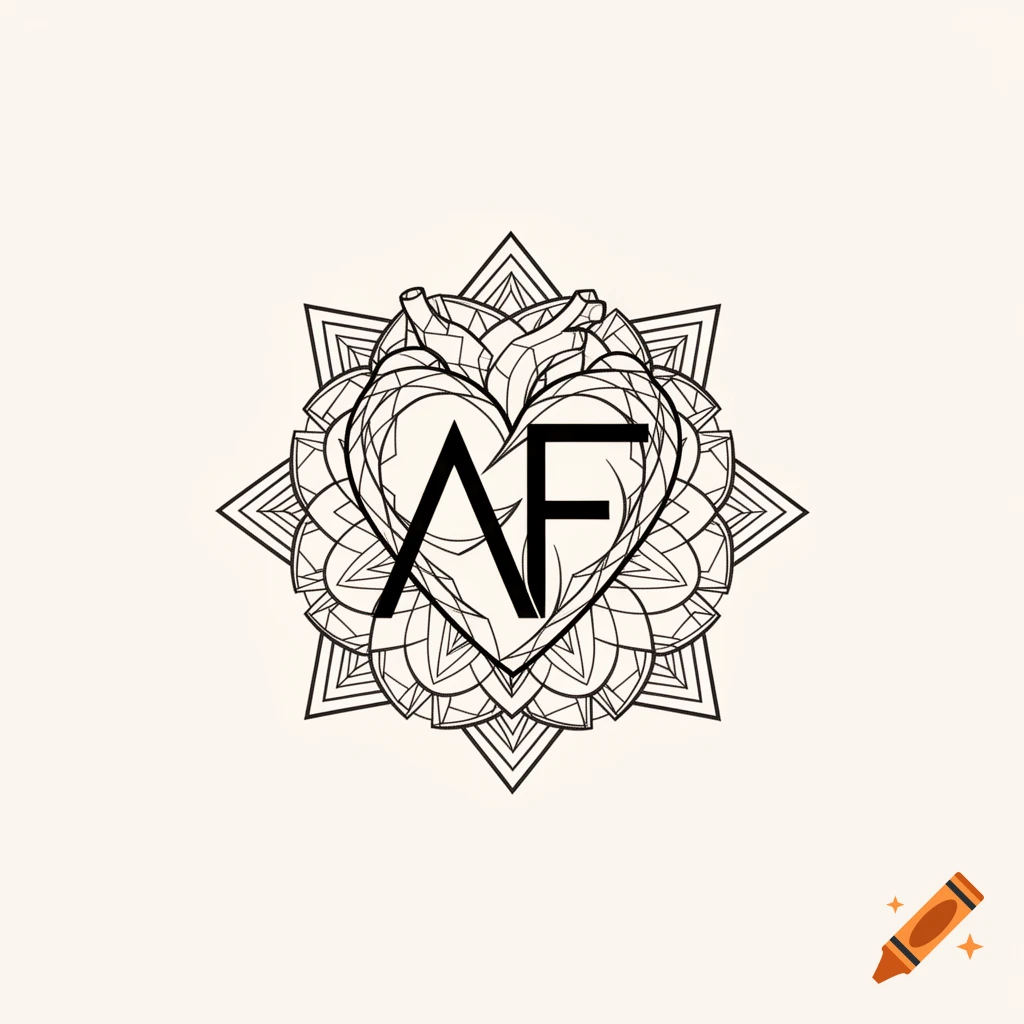 Black and white line art tattoo design of a geometric anatomical heart with a mandala pattern, featuring the letters AF.