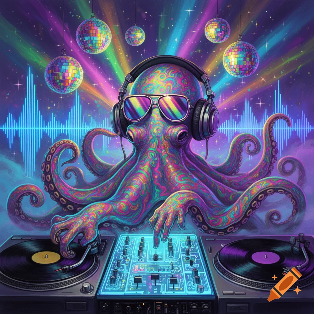 A vibrant, psychedelic octopus DJ wearing headphones and sunglasses, mixing music on turntables under disco balls and colorful sound waves.