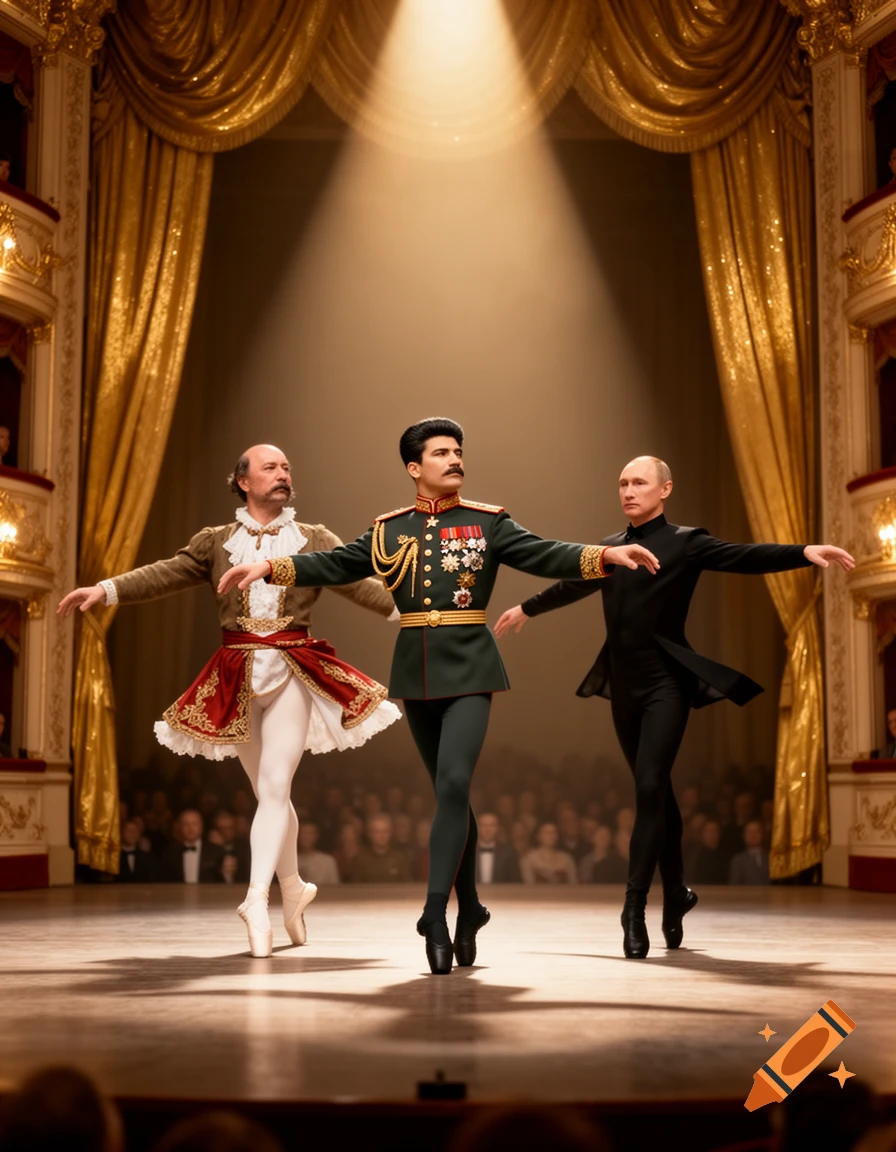 Three men resembling Lenin, Stalin, and Putin dance ballet in costumes on a golden theater stage under a spotlight.