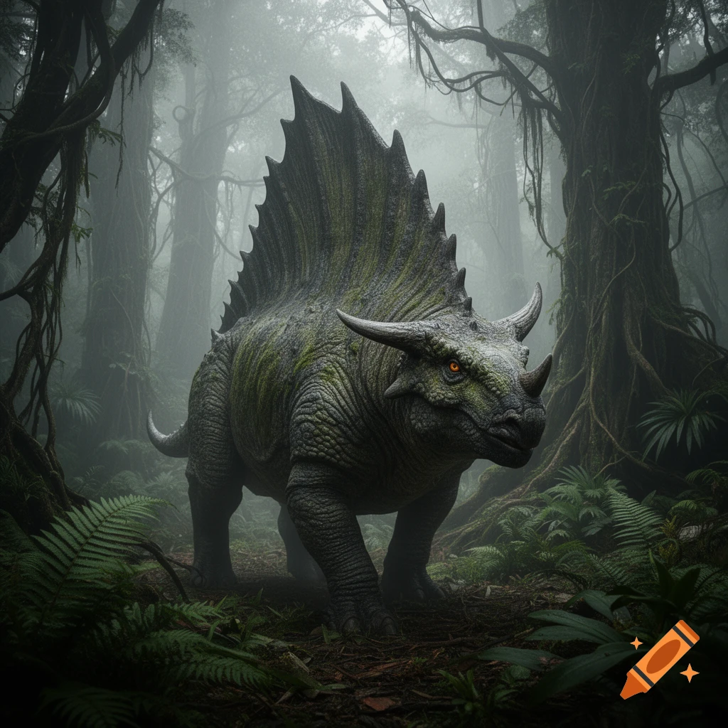 An armored, green-scaled dinosaur-like creature with spikes, horns, and glowing orange eyes stands in a misty jungle.
