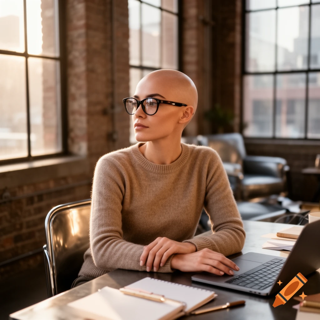 A bald woman in glasses wearing a beige sweater works on a laptop at a desk in a sunlit loft office.