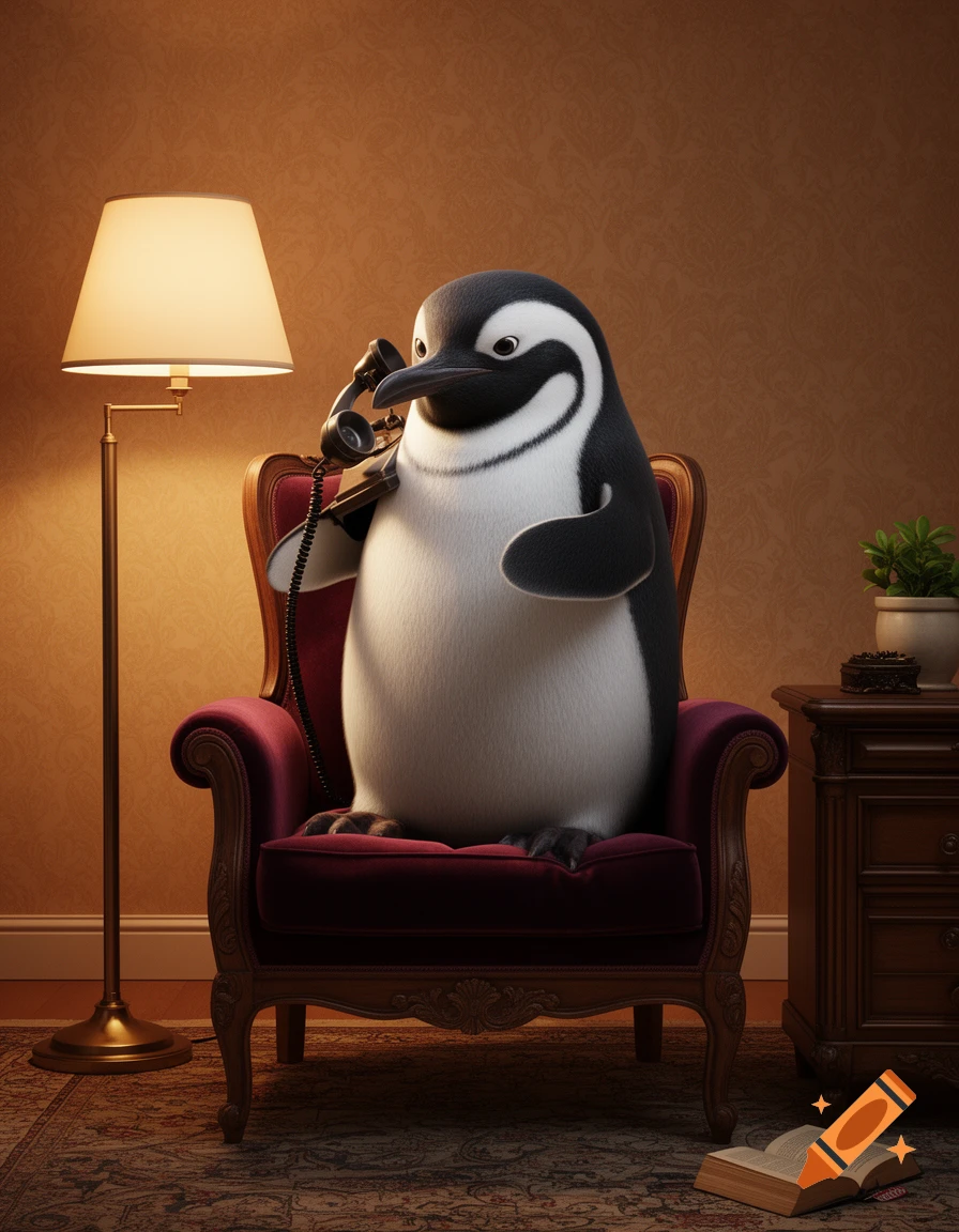 A large, fluffy penguin sits in a red velvet armchair, talking on a vintage telephone in a cozy, dimly lit room.
