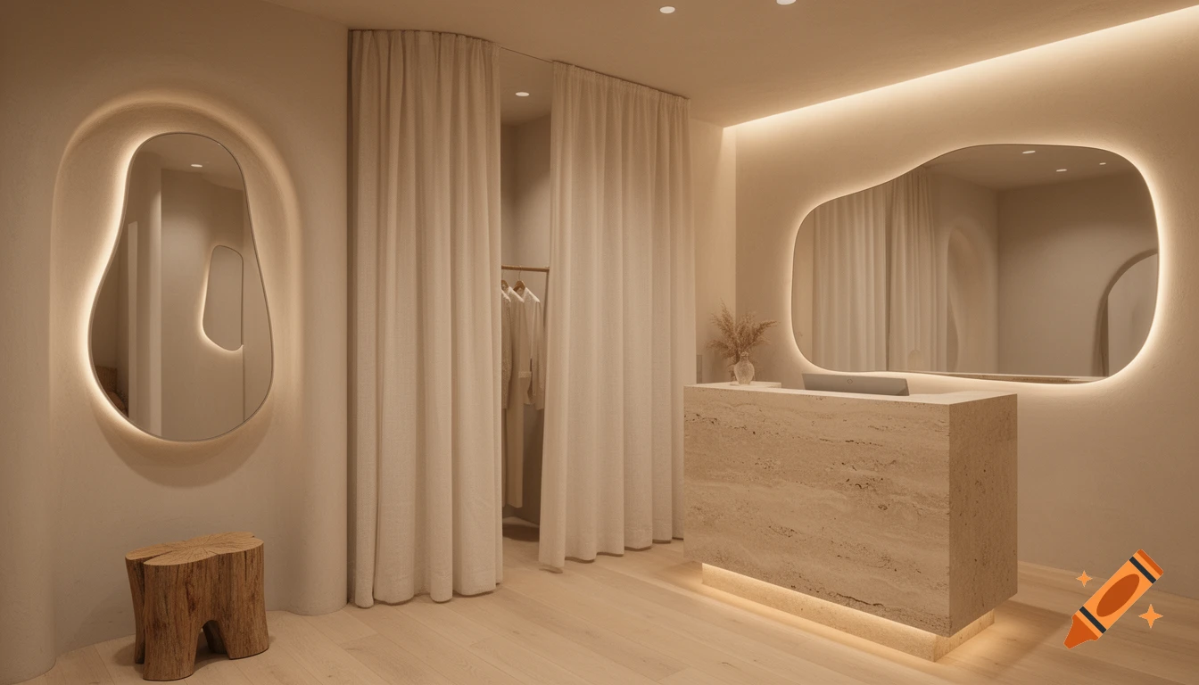 Minimalist clothing store interior with organic mirrors, travertine counter, wood floor, and linen curtains. Warm, serene ambiance.