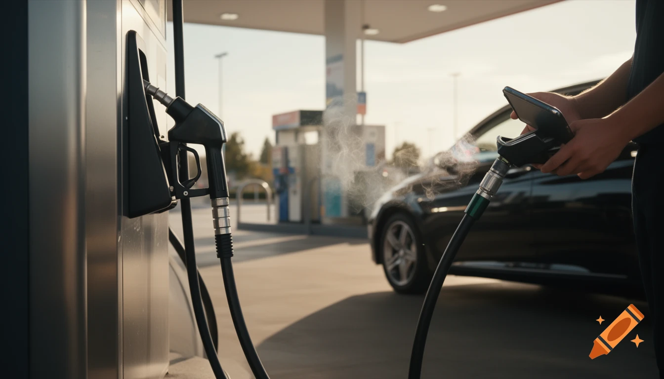 A person refuels a black car at a gas station, holding a smartphone and a fuel nozzle, with subtle vapor rising.
