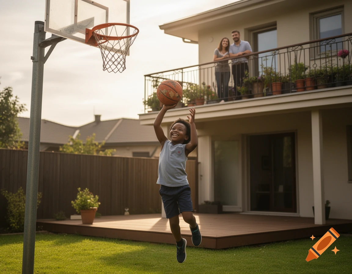 A happy young boy jumps to dunk a basketball in a sunny backyard as his parents watch from a house balcony.