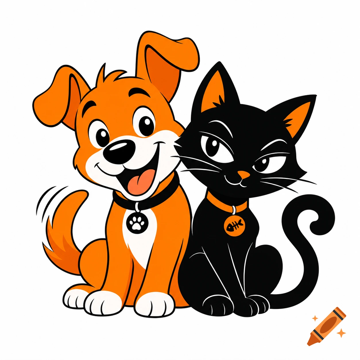 A cartoon logo featuring a happy orange dog with a paw print tag and a black cat with a fishbone tag sitting together.