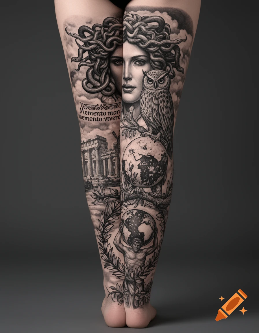 Woman's legs covered in realistic black and white Greek mythology tattoos, featuring Medusa, an owl, Atlas, ruins, and 'Memento mori memento vivere'.