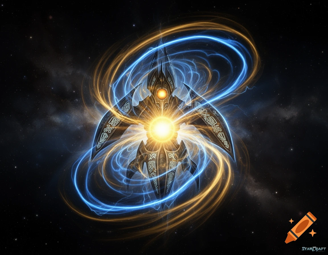 A detailed digital art image of a futuristic, alien-like entity or spacecraft glowing with yellow and blue energy in dark space.