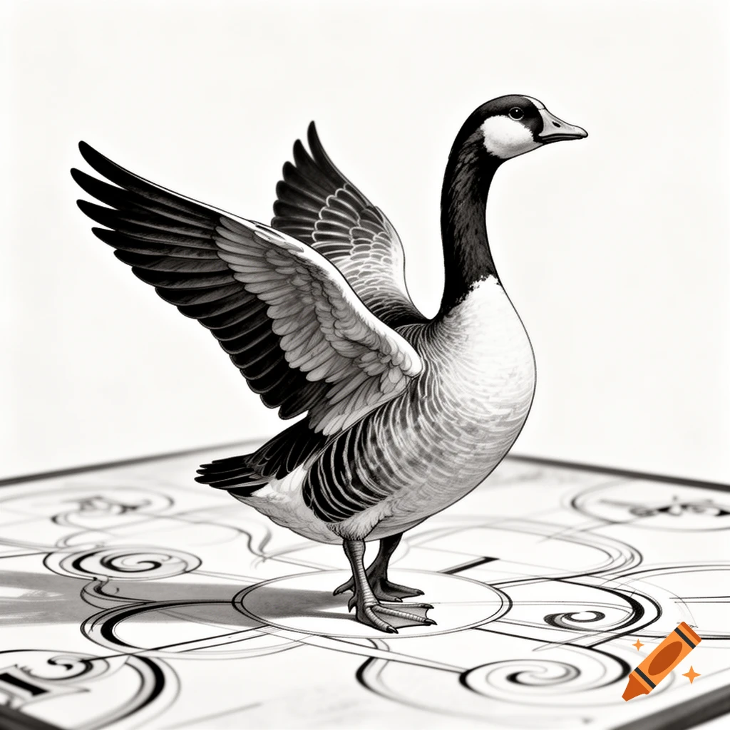 Black and white illustration of a goose with outstretched wings, standing on a board game.