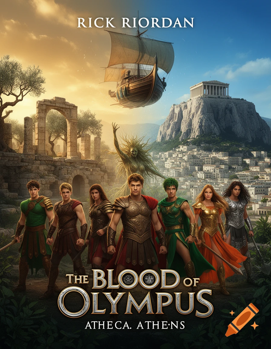 A book cover for 'The Blood of Olympus' by Rick Riordan, depicting Greek mythological heroes, a flying ship, a monster, and ancient ruins with the Acropolis.