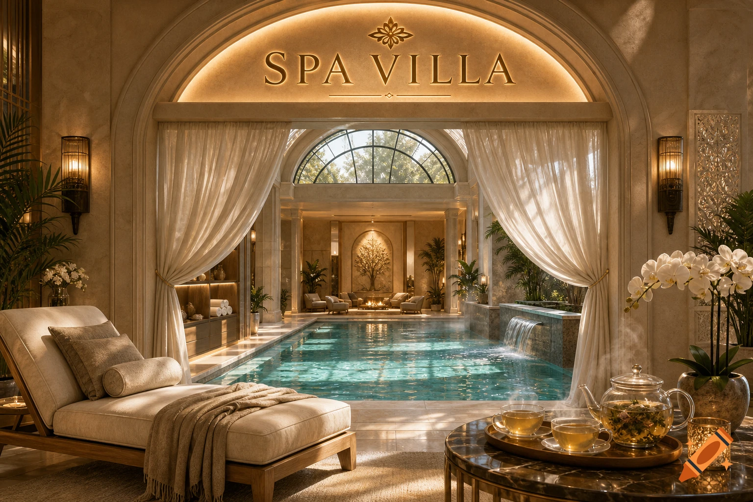 A luxurious indoor spa villa with a swimming pool, lounge chair, decorative plants, and a tea set on a table, under an illuminated 'SPA VILLA' sign.