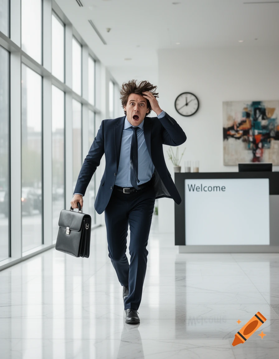 A man in a suit with disheveled hair and a surprised expression runs through a modern office lobby with a briefcase.