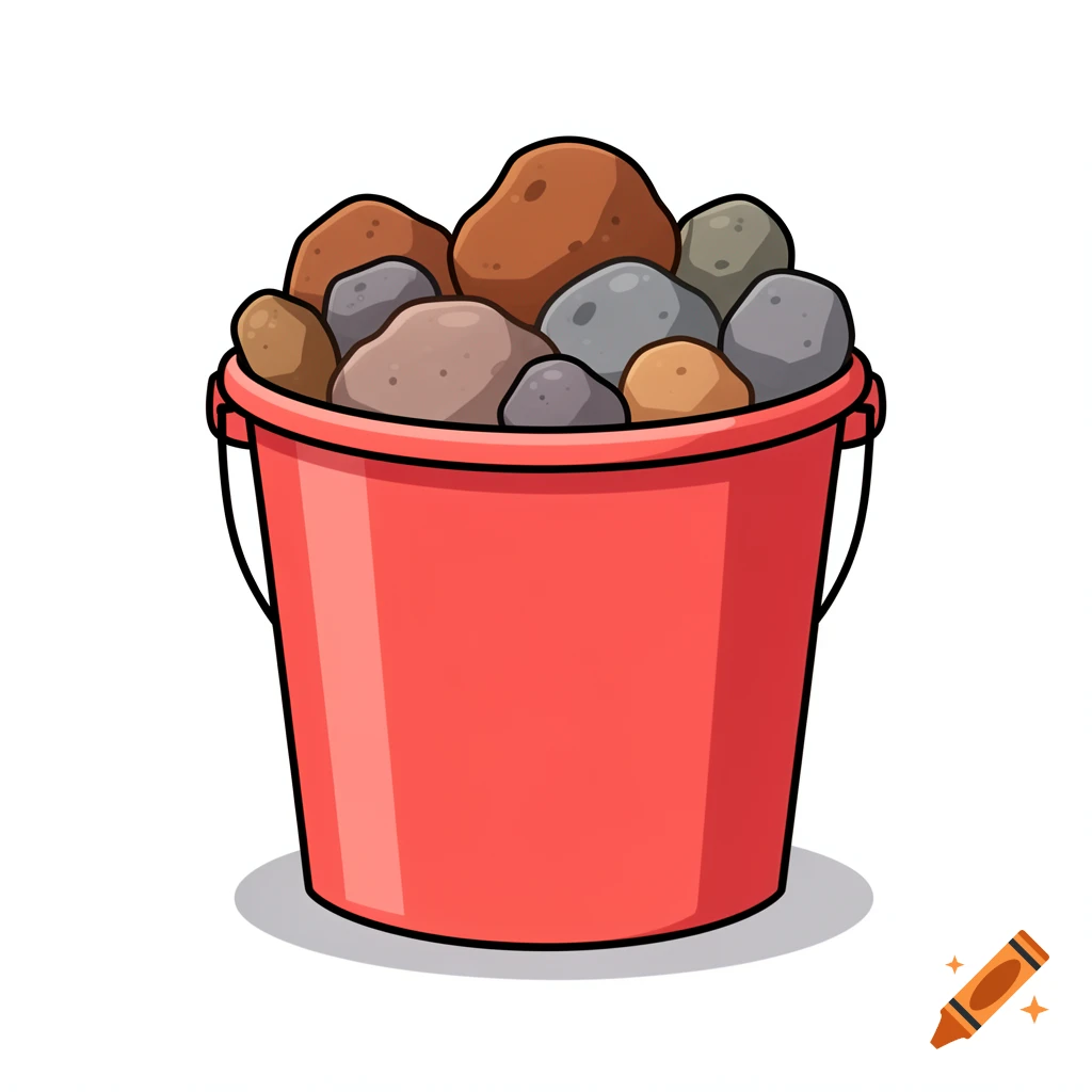 A cartoon red bucket filled with various sizes and colors of rocks.